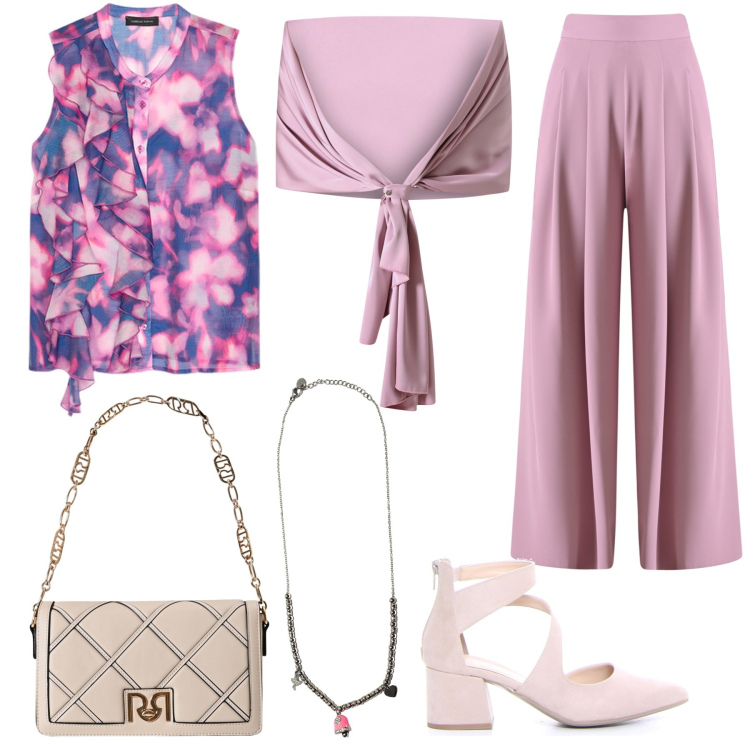 Outfit donna - Fiori rosa. Stile Chic per Serata fuori. Abbinamento con pantaloni a palazzo, scialli, borse a tracolla, ciondoli, top, sandali in pelle.