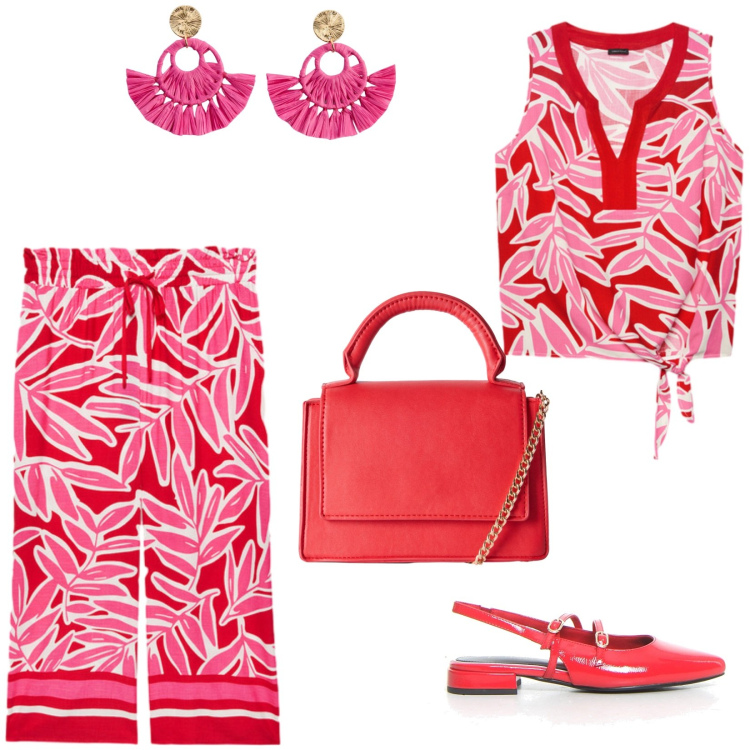 Outfit donna - Il coordinato estivo. Stile Casual chic per Tutti i giorni. Abbinamento con orecchini, borse a tracolla, pantaloni a palazzo, sandali in pelle, top.