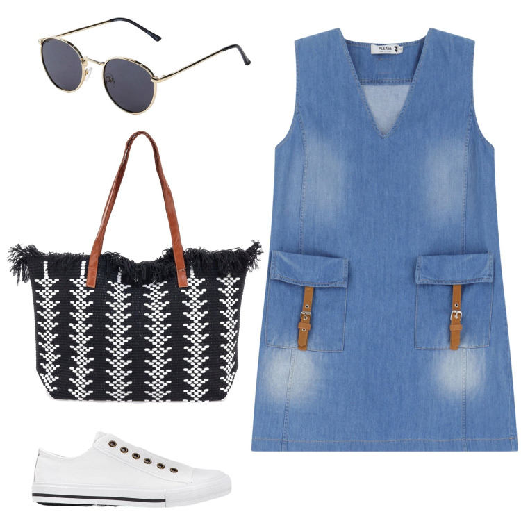 Outfit donna - Giovane. Stile Casual per Tutti i giorni. Abbinamento con sneakers, occhiali da sole, vestiti corti, borse a spalla.