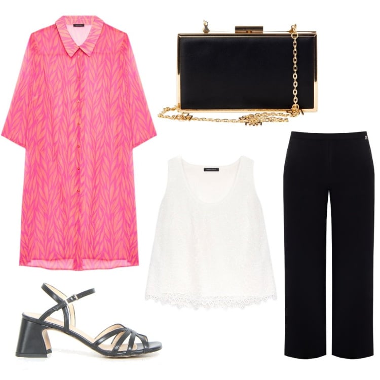 Outfit donna - Total look #2229181. Stile Casual per Ufficio. Abbinamento con pochette, pantaloni, top, caftani, sandali col tacco.