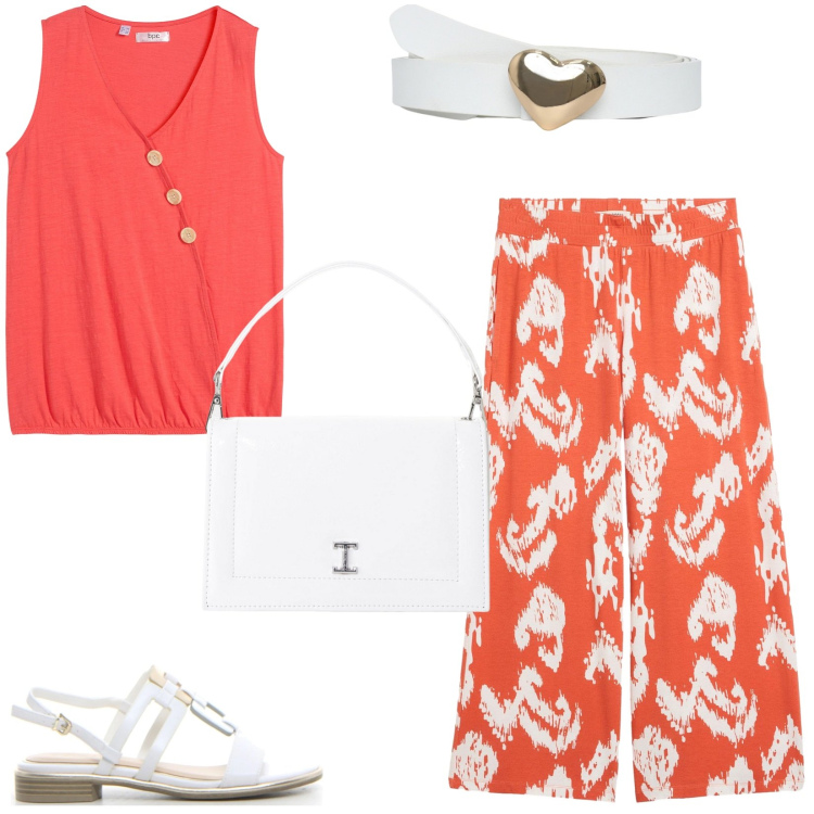Outfit donna - Coordinato d\'estate. Stile Etnico per Tutti i giorni. Abbinamento con pantaloni, top, cinture, borse a tracolla, sandali.