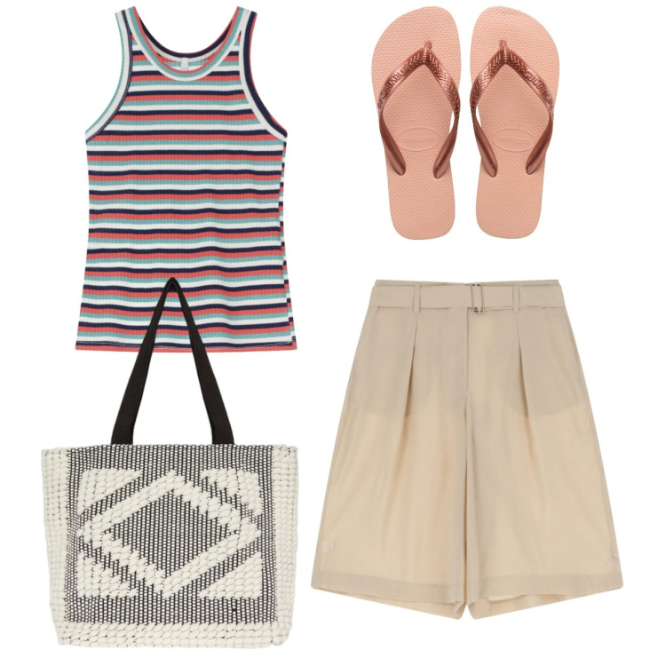 Outfit donna - City. Stile Casual per Tutti i giorni. Abbinamento con pantaloni corti, top, ciabatte, shopping bag.