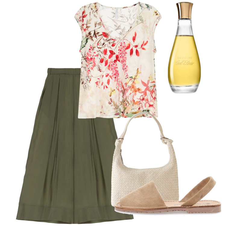 Outfit donna - Agosto. Stile Bon Ton per Tutti i giorni. Abbinamento con shopping bag, profumi, top, pantaloni, sandali.