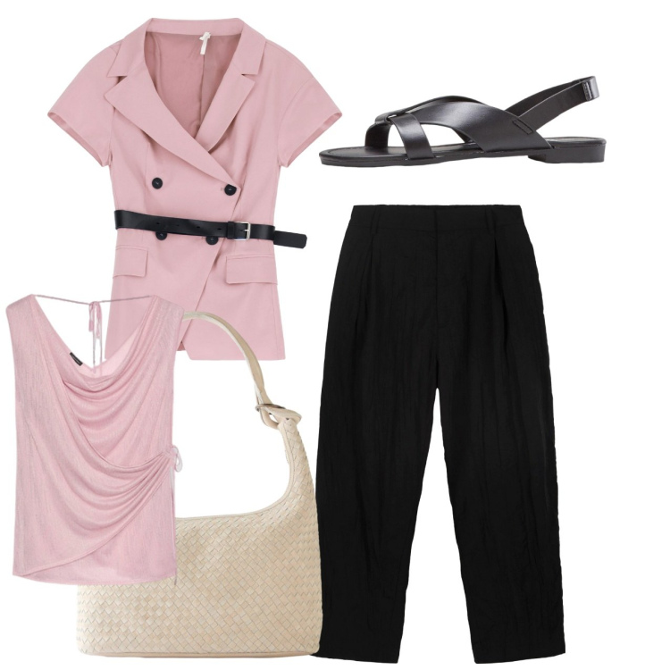 Outfit donna - City. Stile Bon Ton per Tutti i giorni. Abbinamento con sandali, shopping bag, blazer, top, pantaloni.