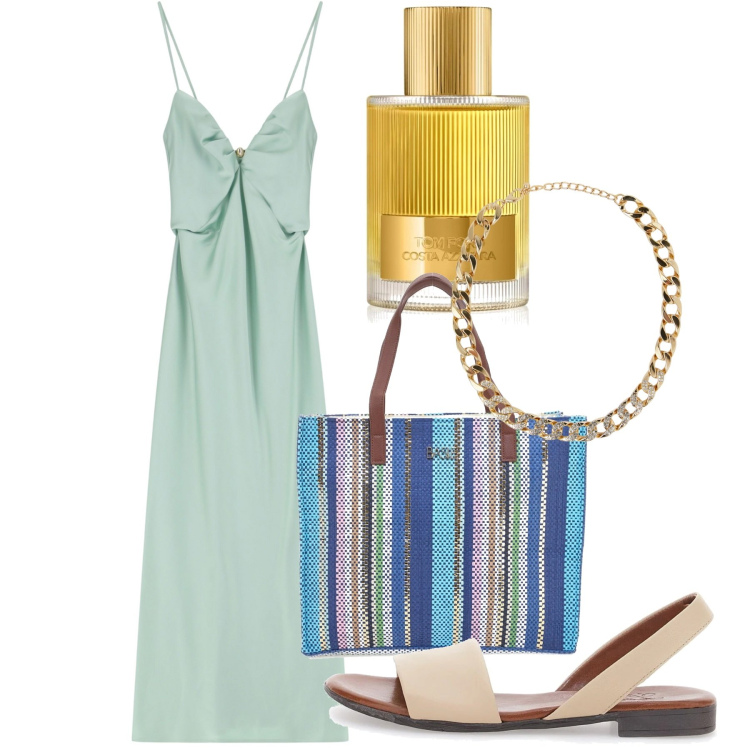 Outfit donna - Agosto. Stile Chic per Tutti i giorni. Abbinamento con profumi, collane, vestiti lunghi, shopping bag, sandali in pelle.