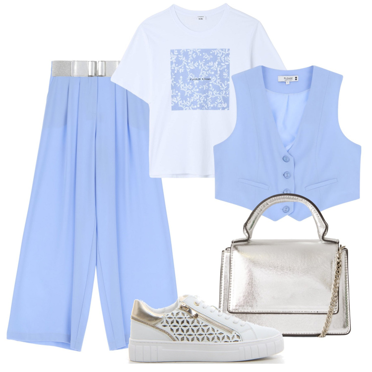 Outfit donna - Turchese in ufficio. Stile Casual chic per Ufficio. Abbinamento con t-shirt, borse a tracolla, cinture, pantaloni, gilet, sneakers.