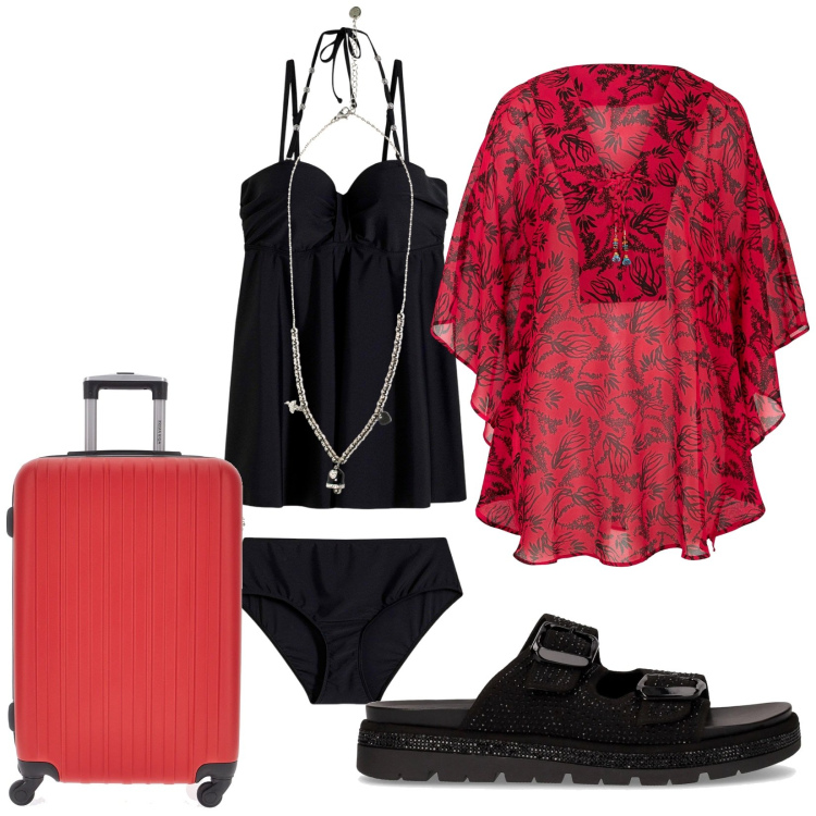 Outfit donna - Total look #2229199. Stile Casual per Mare. Abbinamento con vestiti da spiaggia, costumi interi, ciondoli, valigie, ciabatte.