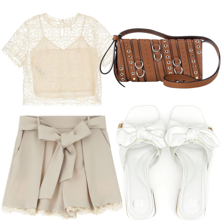 Outfit donna - Aperitivo. Stile Trendy per Tutti i giorni. Abbinamento con borse a spalla, shorts, bluse, ciabatte.