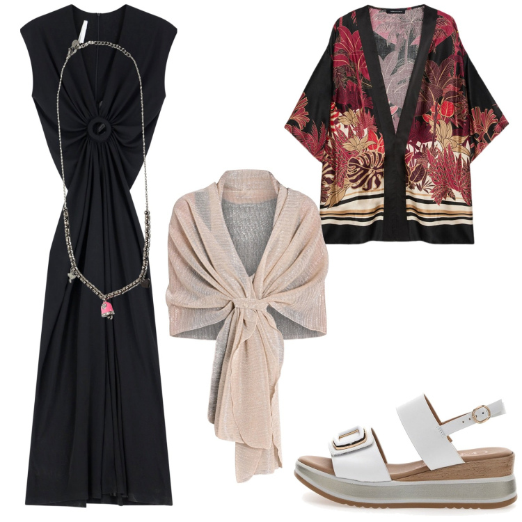 Outfit donna - Total look #2229203. Stile Casual chic per Serata fuori. Abbinamento con stole, vestiti lunghi, ciondoli, sandali, kimono.