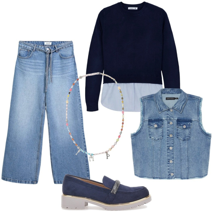 Outfit donna - In città. Stile Casual per Tutti i giorni. Abbinamento con jeans, maglieria, collane, mocassini, gilet.