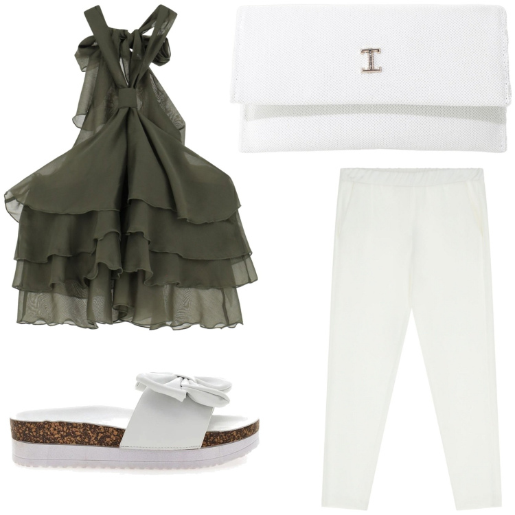Outfit donna - Serata al parco. Stile Chic per Serata fuori. Abbinamento con borse a tracolla, top, pantaloni, ciabatte.