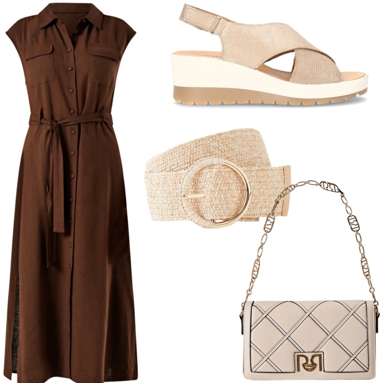 Outfit donna - City. Stile Casual chic per Tutti i giorni. Abbinamento con cinture, borse a tracolla, vestiti chemisier, sandali col tacco.