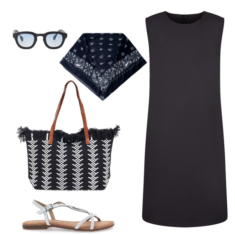 Outfit donna - Semplicemente estate. Stile Casual per Tutti i giorni. Abbinamento con occhiali da sole, vestiti lunghi, borse a spalla, sandali in pelle, foulard.