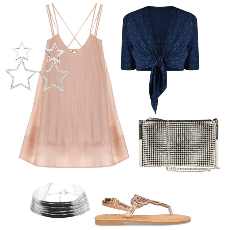 Outfit donna - Una festa in spiaggia. Stile Glamour per Serata fuori. Abbinamento con orecchini, pochette, bolero, vestiti corti, braccialetti, sandali in pelle.
