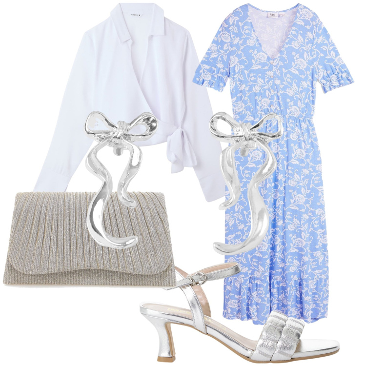 Outfit donna - Cresima a fine agosto. Stile Bon Ton per Cerimonia. Abbinamento con vestiti, camicie, orecchini, sandali col tacco, clutch.