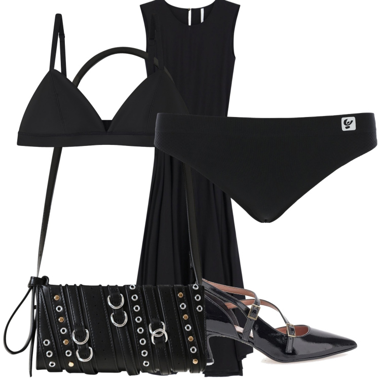 Outfit donna - All black. Stile Bon Ton per Serata fuori. Abbinamento con borse a spalla, vestiti lunghi, reggiseni, slip, décolleté.