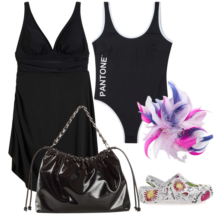 Outfit donna - Fiori sul mare. Stile Trendy per Mare. Abbinamento con vestiti da spiaggia, shopping bag, costumi interi, zoccoli, accessori per capelli.