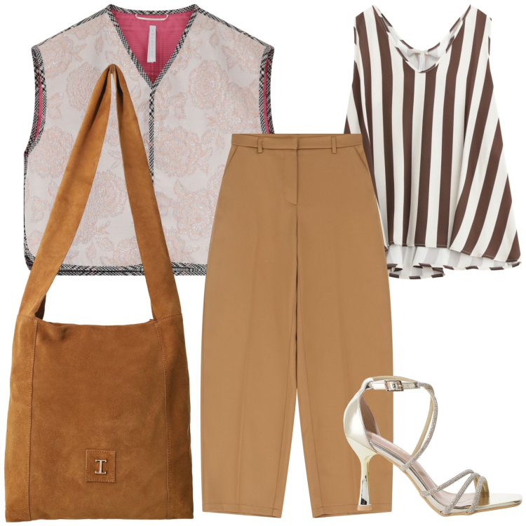 Outfit donna - Back to work Imperial. Stile Urban per Ufficio. Abbinamento con pantaloni, top, sandali col tacco, borse a tracolla, gilet.