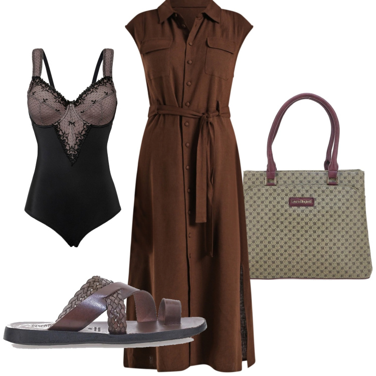 Outfit donna - Total look #2229252. Stile Minimal per Tutti i giorni. Abbinamento con body, vestiti chemisier, ciabatte, borse a spalla.