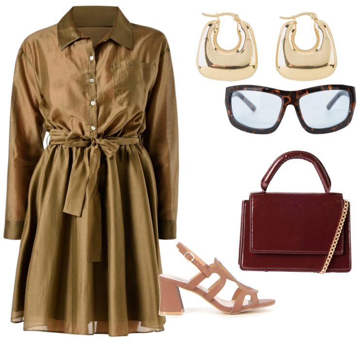 Outfit donna - Abito chemisier. per Tutti i giorni. Abbinamento con orecchini, borse a tracolla, vestiti chemisier, occhiali da sole, sandali col tacco.