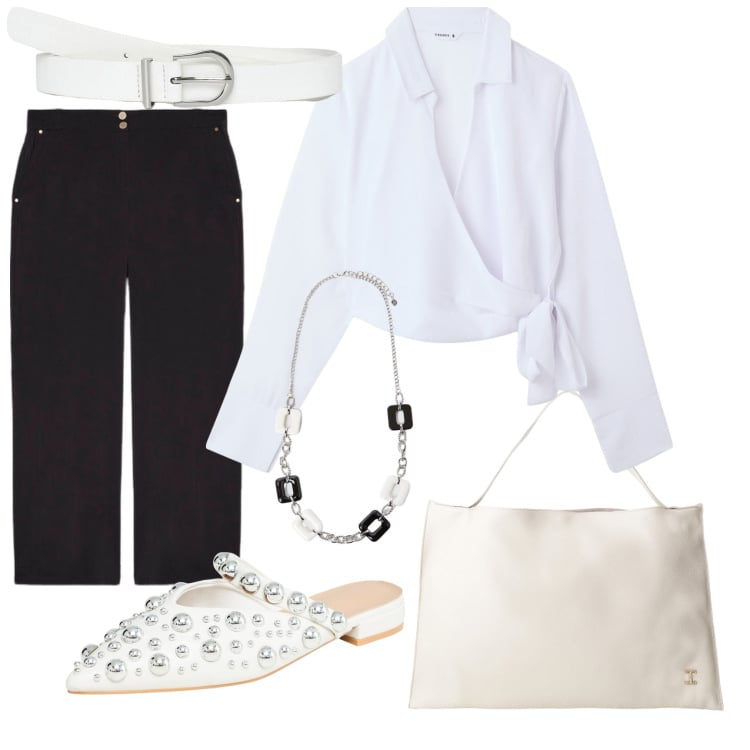 Outfit donna - La cena di lavoro. Stile Casual chic per Ufficio. Abbinamento con camicie, ballerine, cinture, borse a spalla, pantaloni, collane.