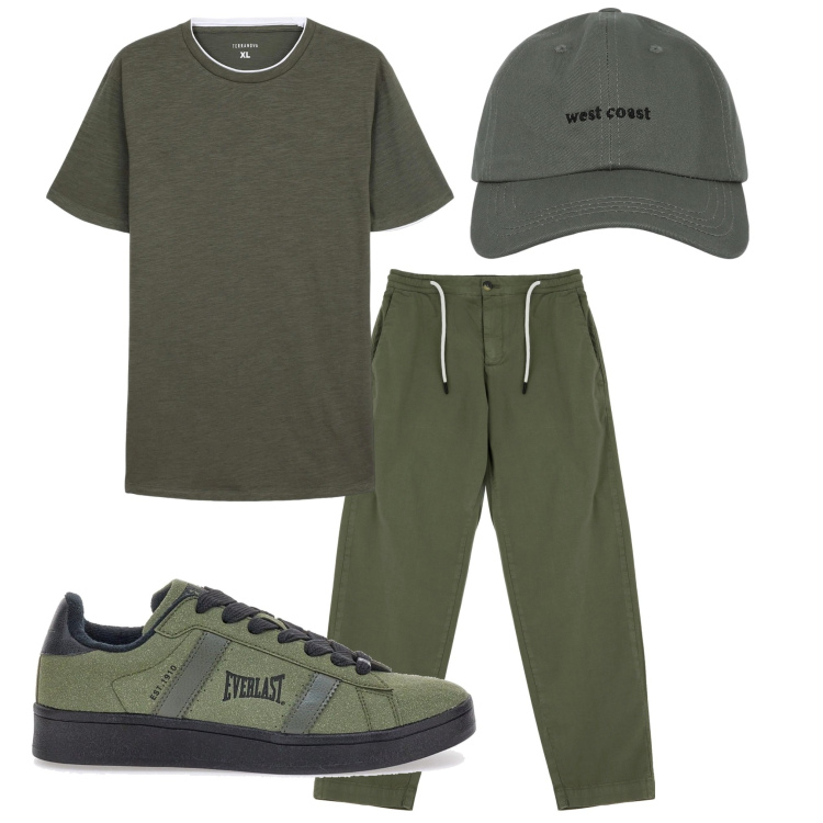 Outfit uomo - Tono su tono. Stile Casual per Tutti i giorni. Abbinamento con t-shirt, cappelli con visiera, pantaloni chino, sneakers.