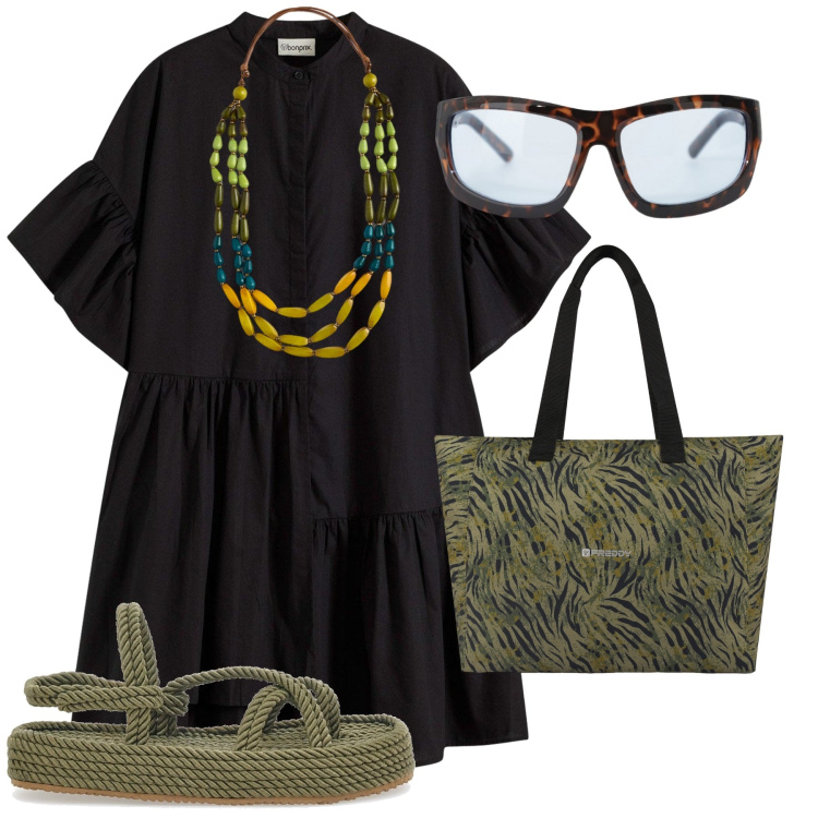 Outfit donna - Total look #2229263. Stile Glamour per Tutti i giorni. Abbinamento con vestiti, occhiali da sole, shopping bag, sandali, collane.