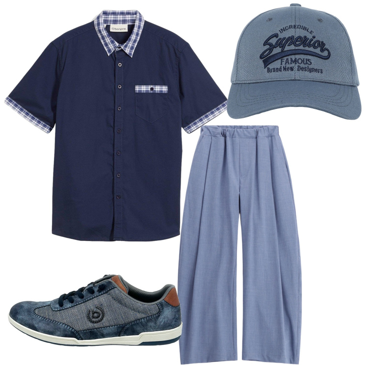 Outfit uomo - Per una passeggiata. Stile Casual per Tutti i giorni. Abbinamento con camicie a manica corta, cappelli con visiera, pantaloni, scarpe stringate.