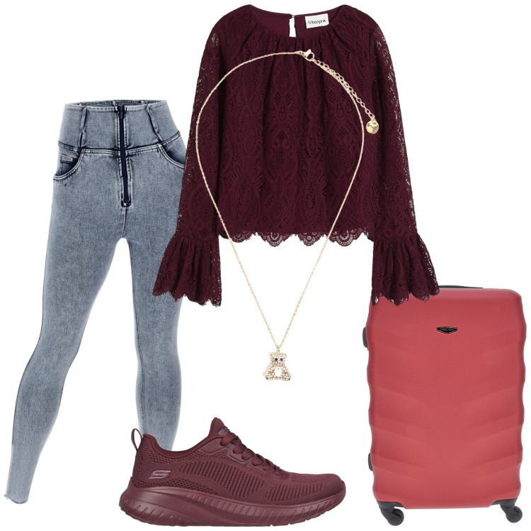 Outfit donna - Mix and go. Stile Casual per Tutti i giorni. Abbinamento con bluse, ciondoli, jeans skinny, sneakers, valigie.