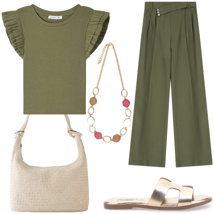Outfit donna - Perfetta per tutto il giorno. Stile Casual chic per Tutti i giorni. Abbinamento con shopping bag, t-shirt, pantaloni, ciabatte, collane.