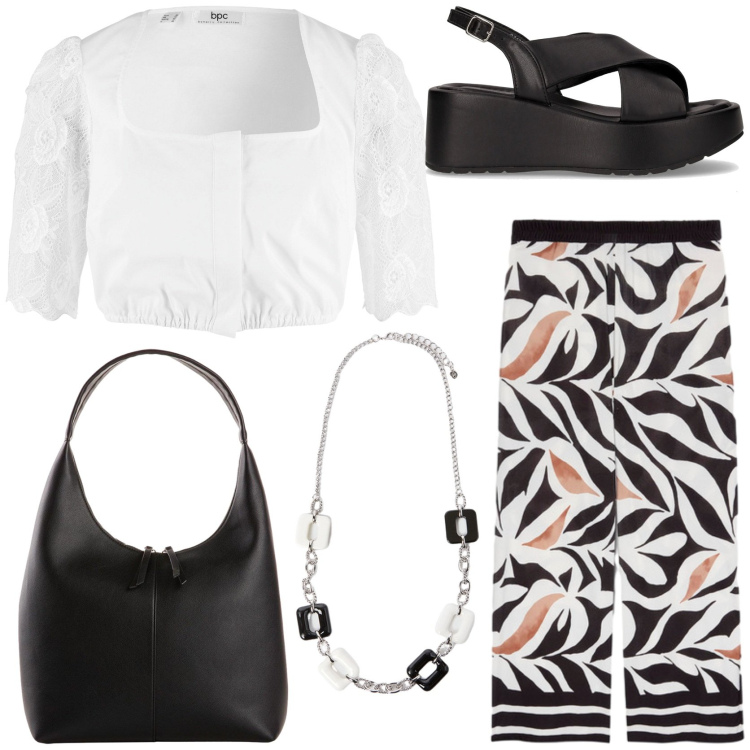 Outfit donna - Di classe. Stile Chic per Tutti i giorni. Abbinamento con camicie, shopping bag, pantaloni, collane, sandali.