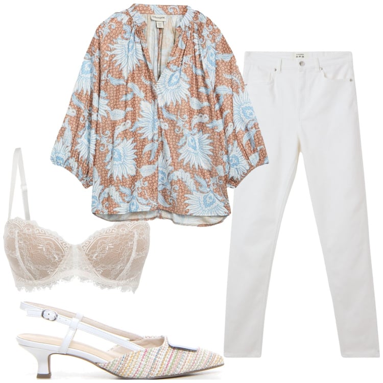 Outfit donna - Total look #2229302. Stile Casual chic per Tutti i giorni. Abbinamento con bluse, reggiseni a balconcino, pantaloni skinny, décolleté.