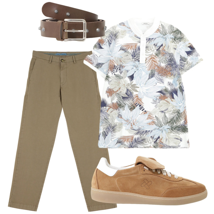 Outfit uomo - Una maglietta fantasia. Stile Casual per Tutti i giorni. Abbinamento con cinture, sneakers, pantaloni chino, polo.