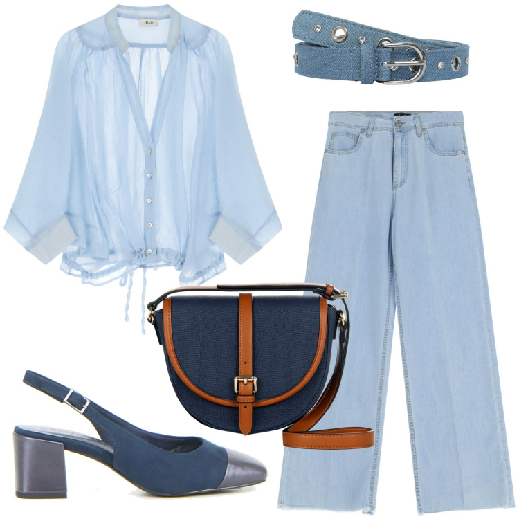 Outfit donna - potere del turchese. Stile Minimal per Ufficio. Abbinamento con cinture, borse a tracolla, jeans, camicie, décolleté.