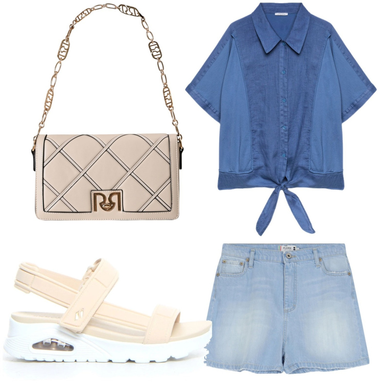 Outfit donna - potere del turchese. Stile Casual per Tutti i giorni. Abbinamento con borse a tracolla, shorts, camicie, sandali.
