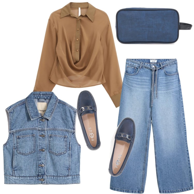 Outfit donna - Il denim è per sempre. Stile Casual per Tutti i giorni. Abbinamento con gilet, jeans, camicie, mocassini, valigie.