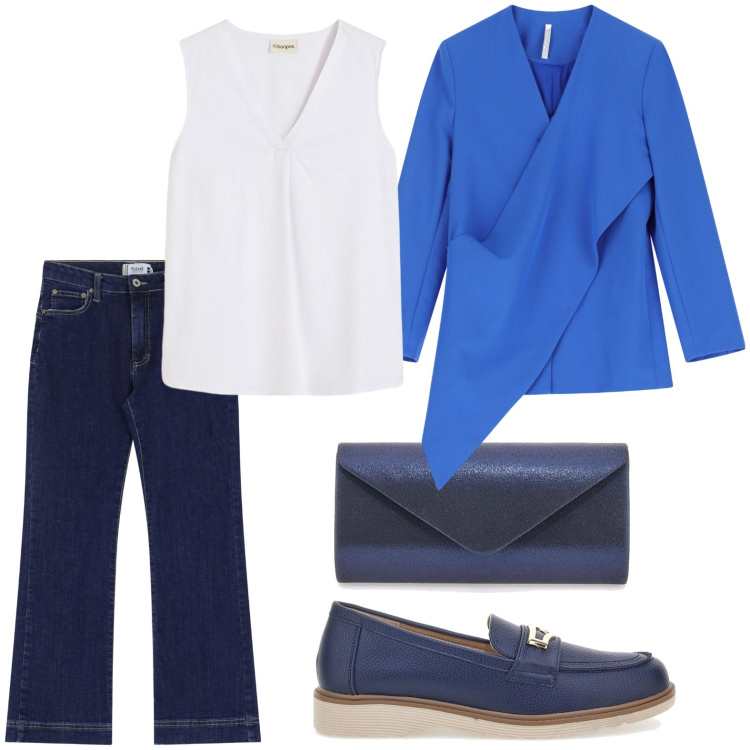 Outfit donna - Dinamica da mattina a sera. Stile Casual chic per Ufficio. Abbinamento con top, jeans a zampa, blazer, mocassini, borse a tracolla.