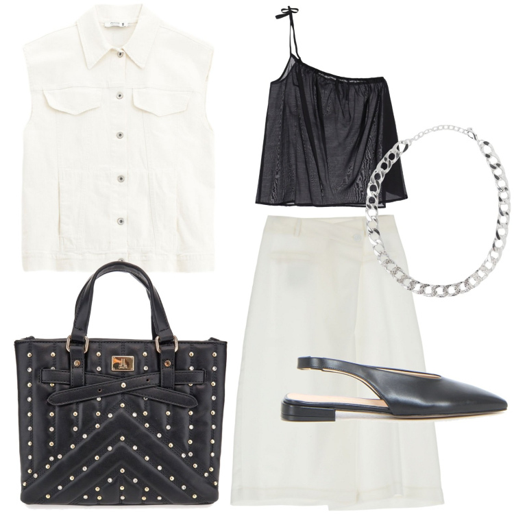 Outfit donna - Borchie e catene. Stile Trendy per Ufficio. Abbinamento con collane, gilet, top, pantaloni, borse a mano, décolleté.