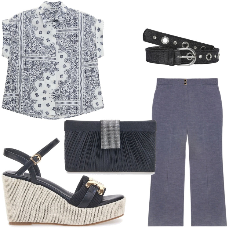 Outfit donna - Aperitivo in centro. Stile Etnico per Serata fuori. Abbinamento con cinture, camicie a manica corta, zeppe, pantaloni, pochette.