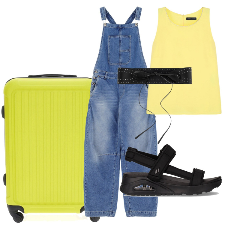 Outfit donna - La tuta da esploratrice. Stile Trendy per Tutti i giorni. Abbinamento con cinture, salopette, sandali, valigie, top.