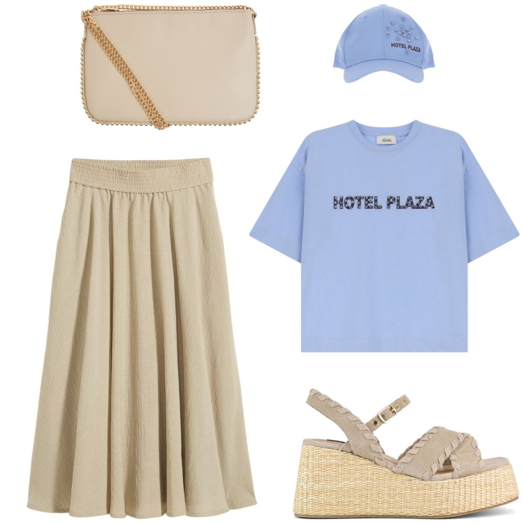 Outfit donna - Il potere del turchese. Stile Chic per Tutti i giorni. Abbinamento con gonne longuette, borse a tracolla, t-shirt, zeppe.