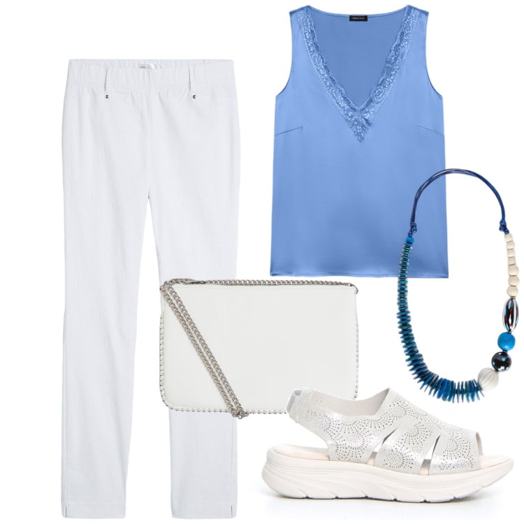 Outfit donna - Il potere del turchese. Stile Chic per Mare. Abbinamento con pantaloni, borse a tracolla, top, sandali, collane.