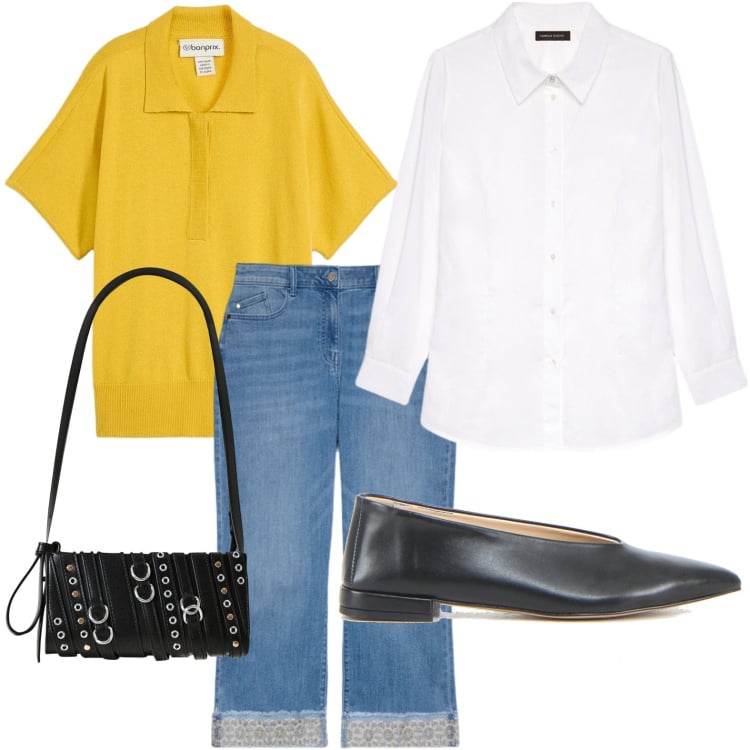 Outfit donna - La camicia diventa giacca. Stile Minimal per Ufficio. Abbinamento con t-shirt, borse a spalla, jeans dritti, camicie, ballerine.