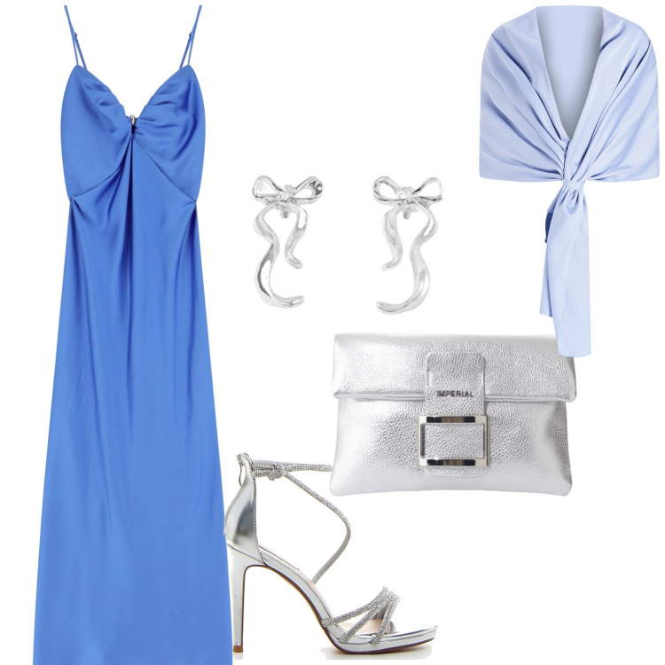 Outfit donna - Turchese cerimonia. per Cerimonia. Abbinamento con orecchini, stole, vestiti lunghi, pochette, sandali col tacco.