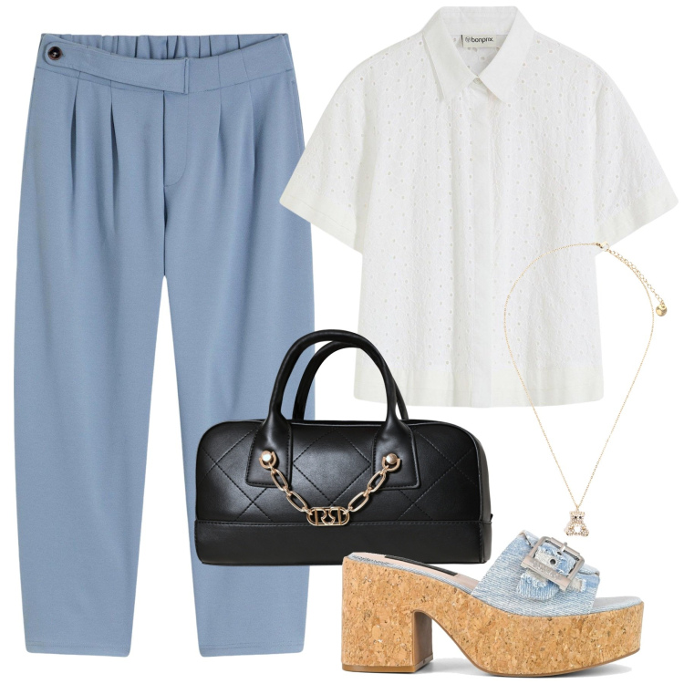 Outfit donna - Il potere del turchese. Stile Casual per Mare. Abbinamento con pantaloni, camicie, borse a mano, ciondoli, sandali.