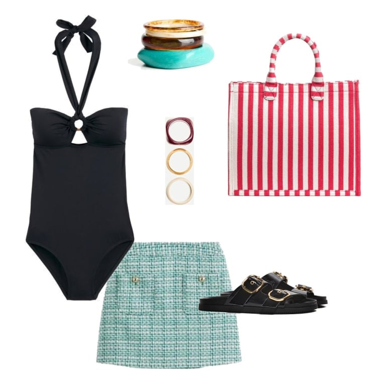 Outfit mujer - Look chic para ir a la playa. Estilo años 70 para Todos los días. look ideal para Petite. Combinación con minifaldas, bañadores, pulseras, sandalias, bolso tote, pulseras.