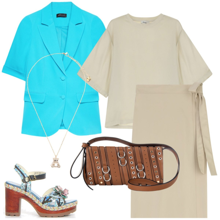 Outfit donna - Total look #2229346. Stile Casual chic per Ufficio. Abbinamento con borse a spalla, gonne longuette, top, ciondoli, blazer, sandali col tacco.