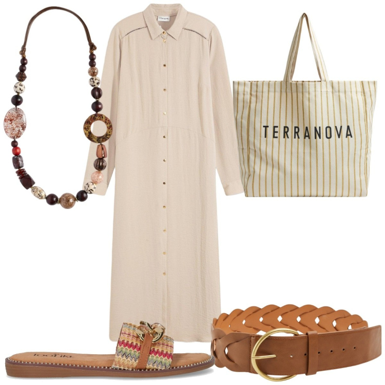 Outfit donna - Abito chemisier in cotone: etnico. Stile Etnico per Tutti i giorni. Abbinamento con vestiti chemisier, cinture, borse tote, ciabatte, collane.