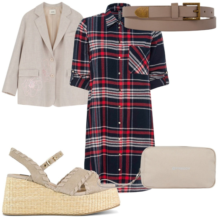 Outfit donna - Abito chemisier sopra la taglia 50. Stile Trendy per Tutti i giorni. Abbinamento con vestiti chemisier, blazer, valigie, zeppe, cinture.