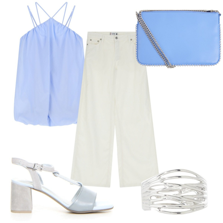 Outfit donna - Il potere del turchese : la blusa. Stile Trendy per Tutti i giorni. Abbinamento con borse a tracolla, pantaloni a palazzo, vestiti corti, braccialetti, sandali col tacco.